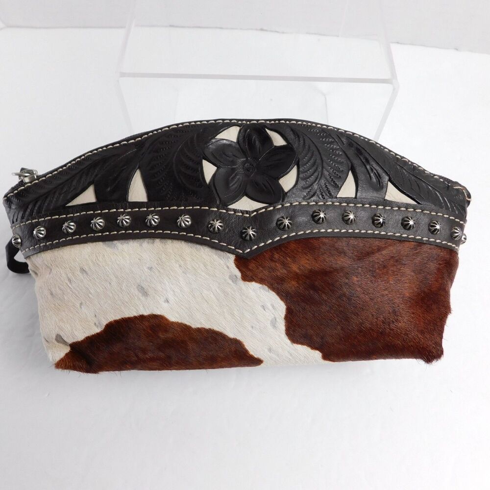 American West Hand Tooled Leather Cow Print Small Travel Cosmetic Zip Up Bag - Picture 4 of 14